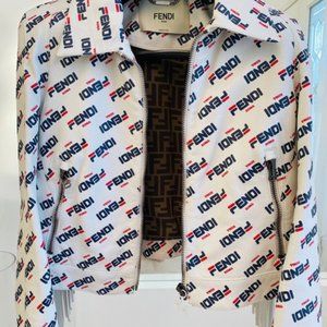 Fendi White Leather Navy Blue Red Fringe Jacket